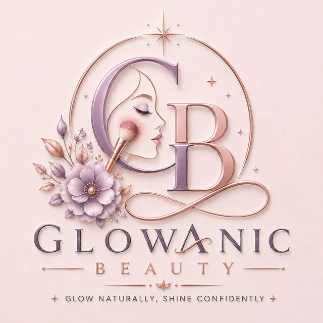 Glowanic Beauty logo with GB monogram, floral elements and tagline Glow Naturally, Shine Confidently